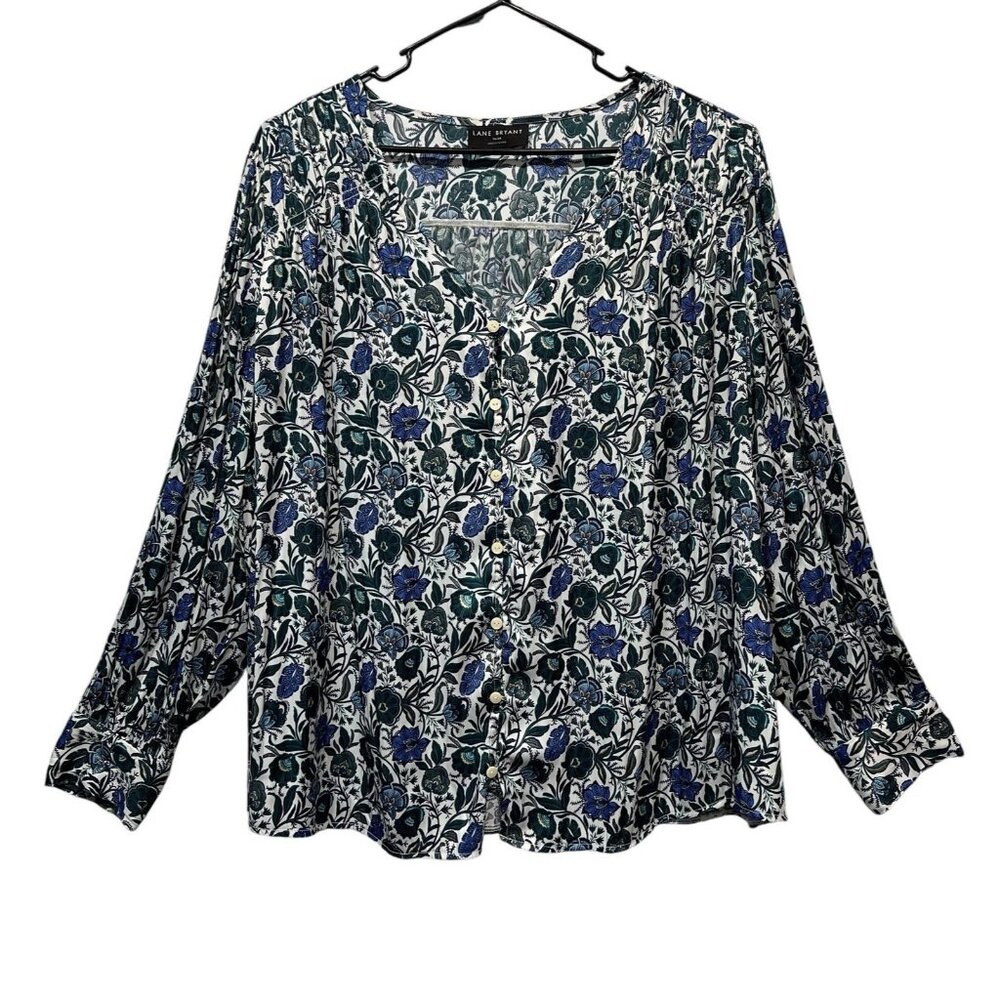 Lane Bryant Blouse Floral V Neck Plus Size 26/28 Long Sleeve Blue/Green Stretch